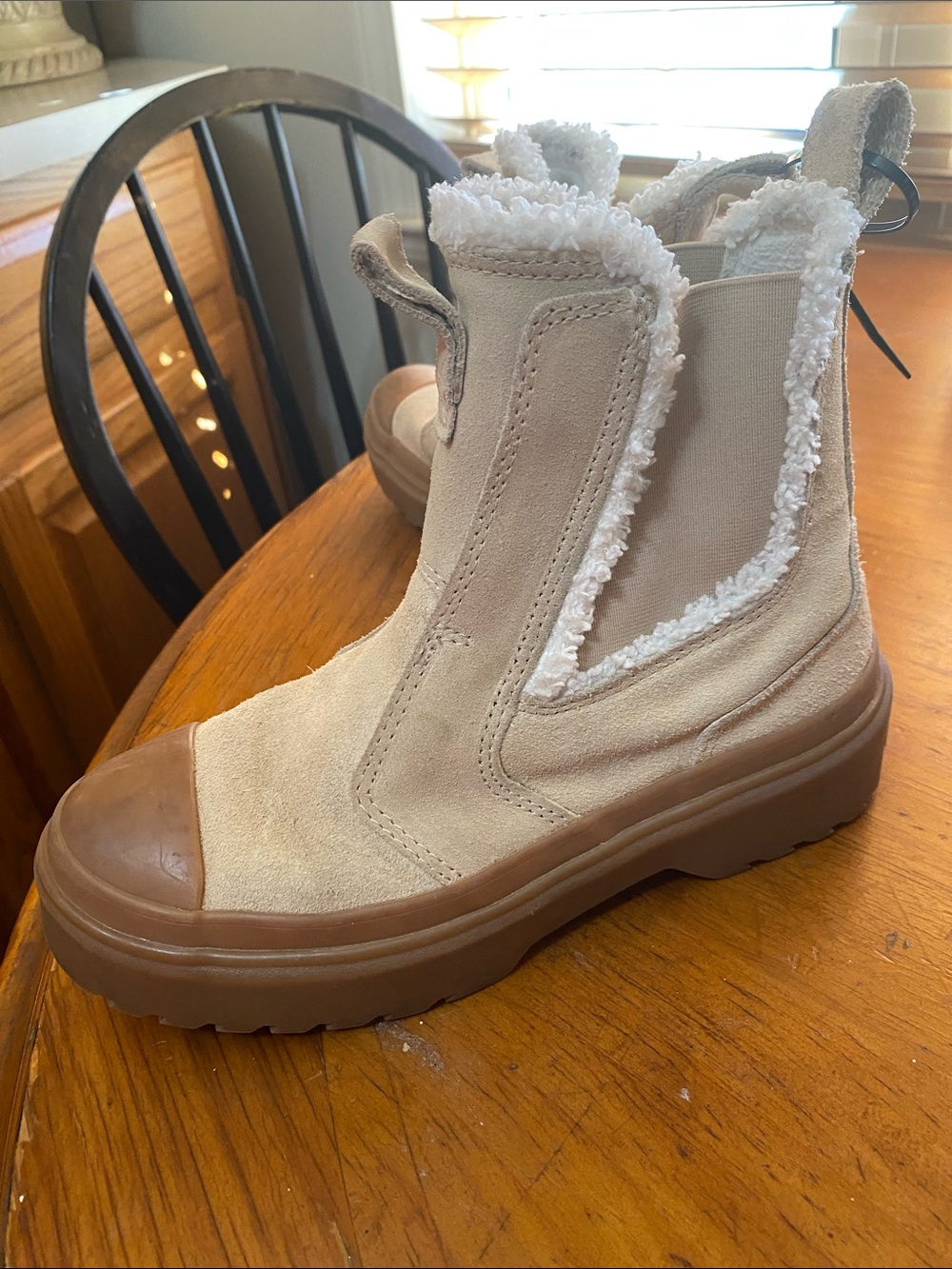 Converse Beige Suede Shearling-Trim Chelsea Booties with Brown Sole